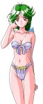  1990s_(style) asou_kasumi bikini breasts brown_eyes cleavage cowboy_shot facing_viewer green_hair highres kokura_masashi light_smile long_hair looking_at_viewer navel non-web_source official_art retro_artstyle simple_background strapless strapless_bikini swimsuit tokimeki_memorial tokimeki_memorial_2 white_background 