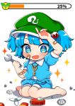  +_+ 1girl :d arm_up bandaid bandaid_on_arm bandaid_on_face barefoot blue_hair blush chibi gears glint green_headwear hair_bobbles hair_ornament hat highres holding holding_wrench ishiki_nuru kawashiro_nitori key knees_together_feet_apart looking_down open_mouth pocket repairing screw short_sleeves sitting smile solo sparkle toes touhou two_side_up wariza wrench 