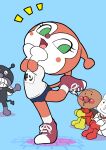  1girl 3boys alternate_costume anpanman anpanman_(character) baikinman blue_background blue_buruma blush blush_stickers buruma character_name clothes_writing colored_skin commentary_request dokin-chan flat_chest full_body green_eyes gym_uniform hand_to_own_mouth hands_up happy highres knees_up leg_up legs looking_at_another looking_to_the_side multicolored_skin multiple_boys notice_lines oira_wa_arumajiro open_mouth own_hands_together pink_skin red_footwear shirt shoes shokupanman short_sleeves simple_background sitting smile sneakers socks solo_focus standing standing_on_one_leg translated two-tone_skin white_shirt white_skin white_socks 