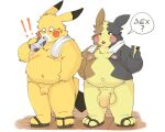  2023 anthro balls big_penis blush cellphone clothing dragon_night800 drinking duo exclamation_point flaccid footwear generation_1_pokemon genitals hi_res kemono male male/male moobs navel nintendo nipples overweight overweight_male penis penis_size_difference phone pikachu pokemon pokemon_(species) sandals small_penis smartphone text towel towel_around_neck towel_on_shoulder yellow_body 
