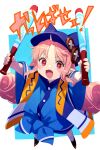  1girl baseball_bat baseball_cap blue_headwear blue_shirt blush breasts buttons echo_(circa) fate/grand_order fate_(series) full_body habetrot_(fate) hat long_hair looking_at_viewer open_mouth oversized_clothes oversized_shirt pink_hair pointy_ears red_eyes scarf shirt short_sleeves sidelocks small_breasts solo translation_request 