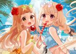  2girls :d ahoge blonde_hair blush bow bow_swimsuit brown_eyes candy_apple cloud commentary day dot_nose eyewear_on_head flat_chest flower food frills fruit hair_flower hair_ornament hairclip hand_up hibiscus highres idolmaster idolmaster_cinderella_girls long_hair looking_at_viewer multiple_girls ocean one-piece_swimsuit open_mouth orange_hair outdoors palm_leaf red_flower ribbon rino_cnc sand smile strawberry sunlight swimsuit tanghulu thick_eyebrows yellow_eyes 