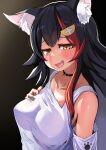  1girl animal_ear_fluff animal_ears black_choker black_hair blush breasts choker clothing_cutout collarbone fang hair_between_eyes hair_ornament hairclip highres hololive kajimakoto large_breasts long_hair looking_at_viewer multicolored_hair official_alternate_costume ookami_mio ookami_mio_(3rd_costume) open_mouth red_hair shirt shoulder_cutout skin_fang smile solo streaked_hair tail virtual_youtuber white_shirt wolf_ears wolf_girl wolf_tail 