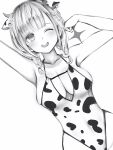  1girl ;d absurdres alternate_costume animal_ears animal_print arm_up armpits bare_arms blunt_bangs braid breasts collarbone cow_ears cow_horns cow_print ear_tag flower greyscale hair_flower hair_ornament highleg highleg_leotard highres hololive horns large_breasts leotard light_blush long_hair looking_at_viewer monochrome nanashi_(nlo) one_eye_closed open_mouth print_leotard shirogane_noel simple_background smile solo twin_braids virtual_youtuber white_background 