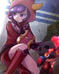  1girl charcadet courtney_(pokemon) dress fake_horns finger_to_mouth gloves highres hood hood_up horned_hood horns index_finger_raised kotobukkii_(yt_lvlv) looking_to_the_side pokemon pokemon_(creature) pokemon_(game) pokemon_oras purple_eyes purple_hair red_footwear red_sweater ribbed_sweater short_hair sweater sweater_dress twitter_username 