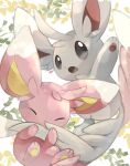  ^_^ alternate_color arm_up asakirirokuyu branch brown_eyes closed_eyes commentary_request grey_eyes highres hugging_another&#039;s_tail hugging_tail looking_at_viewer minccino multicolored_eyes no_humans open_mouth plant pokemon pokemon_(creature) shiny_pokemon simple_background tail white_background 