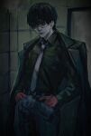  1boy black_hair black_shirt closed_mouth cowboy_shot crurry_(trenos_x) glasses gloves grey_necktie grey_pants hands_in_pockets highres jacket jacket_on_shoulders kaneki_ken long_sleeves male_focus necktie pants red_gloves shirt short_hair solo standing striped striped_pants tile_wall tiles tokyo_ghoul tokyo_ghoul:re 