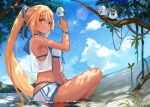  1girl absurdres bikini bird blonde_hair bow branch cropped_jacket dark-skinned_female dark_skin elf elfriend_(shiranui_flare) hair_bow highres hololive long_hair looking_at_viewer midriff multicolored_hair navel partially_submerged pointy_ears ponytail red_eyes see-through shiranui_flare sitting smile solo streaked_hair swimsuit tree very_long_hair virtual_youtuber water white_hair yoshikawa_hiro 