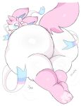  2022 ambiguous_gender anthro big_butt blep border butt creamed_s0da digital_drawing_(artwork) digital_media_(artwork) eeveelution generation_6_pokemon hi_res huge_butt looking_at_viewer lying motion_lines nintendo on_front overweight overweight_ambiguous overweight_anthro pawpads paws pokemon pokemon_(species) simple_background solo sylveon text thick_thighs tongue tongue_out white_border 