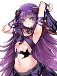  1girl absurdres armpits arms_up bra cowboy_shot duel_monster facial_mark flat_chest green_eyes highres ib_(yu-gi-oh!) knightmare_corruptor_iblee long_hair looking_at_viewer midriff navel purple_bra purple_hair simple_background smile solo synchroman underwear very_long_hair white_background yu-gi-oh! 