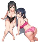  2girls all_fours ass bare_arms bare_shoulders black_eyes black_hair black_one-piece_swimsuit blush breasts check_copyright cleavage collarbone copyright_request covered_navel from_above from_behind green_eyes highres large_breasts long_hair looking_at_viewer looking_back looking_up multiple_girls one-piece_swimsuit original parted_lips shadow sitting smile swimsuit tem10 thighs 