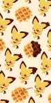  :p bright_pupils chocolate food highres no_humans one_eye_closed open_mouth pichu pokemon pokemon_(creature) satsumapotato signature simple_background smile spiky-eared_pichu tongue tongue_out waffle white_pupils 