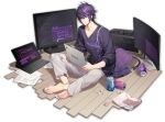  1boy artist_request barefoot black_shirt brown_eyes can crossed_legs cushion english_text feet hacking holding holding_tablet_pc ling_(mahjong_soul) mahjong_soul male_focus monitor official_art on_floor pants paper purple_hair shirt short_hair simple_background sitting soda_can solo tablet_pc tachi-e transparent_background v-neck white_pants 