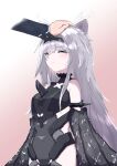  1girl absurdres animal_ears bare_shoulders black_bodysuit black_sleeves bodysuit closed_eyes closed_mouth detached_sleeves fake_animal_ears grey_hair headpat highres long_hair long_sleeves no.21_(punishing:_gray_raven) punishing:_gray_raven takashi_san wolf_ears 