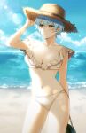  1girl angela_(project_moon) ap5ry bare_shoulders beach bikini blue_hair blue_sky breasts brown_headwear cleavage closed_mouth cloud food fruit hand_up hat highres large_breasts lens_flare library_of_ruina looking_to_the_side navel ocean project_moon short_hair sidelocks sky solo straw_hat summer swimsuit water watermelon white_bikini yellow_eyes 