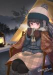  1girl aoshima_sakana beanie black_hair black_pantyhose blanket blue_jacket blunt_bangs blush bush camping chair commission cup earmuffs hat hatsuyuki_(kancolle) highres holding holding_cup jacket kantai_collection lantern long_hair mittens mug night night_sky outdoors pantyhose parted_lips pinecone plaid pom_beanie sitting skeb_commission sky solo star_(sky) starry_sky table tent tree 