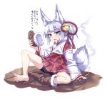  1girl animal_ear_fluff animal_ears barefoot bell bike_shorts black_shorts blue_eyes boots brown_footwear commentary_request fang feet fox_ears fox_girl fox_tail full_body hair_bell hair_ornament hakama hakama_short_skirt hakama_skirt highres holding holding_boots holding_clothes holding_footwear holding_smoking_pipe japanese_clothes jingle_bell kimono kyuutou_(kyuutouryuu) light_blush lolibaba looking_at_viewer medium_hair miko no_socks on_floor open_mouth original ponytail red_hakama ribbon-trimmed_hakama rope shimenawa shorts simple_background single_barefoot single_boot sitting skin_fang skirt smoke smoking_pipe soles solo spread_legs steam steaming_body sweatdrop tail thick_eyebrows toenails toes translated unworn_boots white_background white_hair white_kimono wide_sleeves wooden_floor 