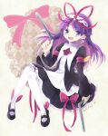  1girl black_dress black_footwear blue_eyes blush bow dress feli_(puyopuyo) full_body long_hair long_sleeves looking_at_viewer open_mouth purple_hair puyopuyo red_bow sitting smile solo thighhighs white_thighhighs yoriyomo 