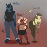  big_breasts blackbetty bottomwear breasts butt cleavage clothed clothing demon female group hair hi_res horn humanoid imp looking_at_viewer lucile_(blackbetty) mocah short_stack simple_background size_difference smile text thick_thighs topwear trio vivian_(blackbetty) wide_hips 