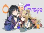  2girls black_choker black_hair blonde_hair blue_eyes blue_necktie breasts choker cleavage commentary drink drinking_straw drinking_straw_in_mouth earrings eyeshadow goose_(goosemylife) hair_bun hair_ornament highres jacket jewelry kotoka_torahime lightning_bolt_hair_ornament lightning_bolt_symbol long_hair makeup meloco_kyoran multicolored_hair multiple_girls necklace necktie nijisanji nijisanji_en open_clothes open_jacket pink_eyeshadow pink_hair pink_jacket purple_hair purple_jacket single_side_bun split-color_hair symbol-only_commentary virtual_youtuber x_hair_ornament 