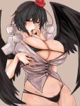  1girl absurdres bikini bird_wings black_bikini black_hair black_wings blush breasts brown_background cleavage commentary_request cowboy_shot fellatio_gesture female_pubic_hair groin hat highres huge_breasts looking_at_viewer micro_bikini pom_pom_(clothes) pubic_hair red_eyes red_headwear shameimaru_aya shirt short_hair short_sleeves simple_background solo swimsuit tokin_hat tongue tongue_out touhou variant_set washiwa white_shirt wings 