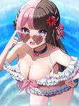  1girl absurdres anger_vein bikini black_bow black_collar blue_eyes bow braid breasts brown_hair collar collarbone french_braid frilled_bikini frills front-tie_bikini_top front-tie_top frown gerbera152 hair_bow hand_on_own_hip heart heart-shaped_eyewear highres large_breasts leaning_forward long_hair looking_at_viewer multicolored_hair navel off-shoulder_bikini off_shoulder open_mouth pink-framed_eyewear pink_bikink pink_bow pink_hair solo split-color_hair streaked_hair sunglasses swimsuit tachibana_hinano_(vtuber) two-tone_hair very_long_hair virtual_youtuber vspo! wading water 
