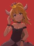  1girl artist_request bare_shoulders black_dress blonde_hair bowsette closed_mouth collar dress earrings fangs hair_between_eyes highres horns jewelry nintendo simple_background smile spikes upper_body 