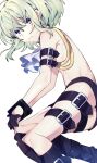  1boy arm_belt ascot belt boots colored_eyelashes cuffs gloves green_hair half_gloves handcuffs highres knee_boots lio_fotia looking_at_viewer lying male_focus multiple_belts nipples official_alternate_costume on_side otoko_no_ko promare purple_eyes restrained revealing_clothes rinno_promare short_hair short_shorts shorts simple_background solo sweatdrop thigh_belt thigh_strap topless_male white_ascot white_background 
