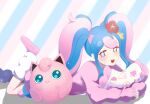  1girl absurdres aqua_eyes blue_hair bull_sprite_(pokemon) clefairy_sprite_(pokemon) earrings fairy_miku_(project_voltage) flaw_(4lmnis) flower flower_sprite_(pokemon) fossil_sprite_(pokemon) hair_flower hair_ornament hatsune_miku highres jewelry jigglypuff leg_up long_sleeves loose_socks lying multicolored_eyes multicolored_hair on_stomach pearl_earrings pink_eyes pink_footwear pink_hair pink_sweater pokemon pokemon_(creature) project_voltage red_flower shoes sleeves_past_wrists socks solo surf_sprite_(pokemon) sweater twintails two-tone_hair vocaloid white_socks yellow_flower 