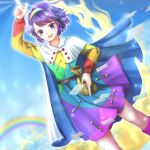  1girl blue_cape blue_eyes blue_hair cape dress dutch_angle hand_up highres kyabekko looking_at_viewer multicolored_clothes multicolored_dress multicolored_hairband pointing rainbow short_hair smile solo tenkyuu_chimata touhou white_cape 