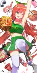  1girl ;d absurdres arm_up armpits ball basketball_(object) blush breasts cheering cheerleader commentary_request curvy eyelashes eyes_visible_through_hair floating_hair foot_out_of_frame green_eyes green_ribbon green_skirt hair_between_eyes hair_ribbon hand_up happy harukaze_meguri highres knee_up koibana_ren&#039;ai korean_commentary long_hair medium_breasts miniskirt navel one_eye_closed open_mouth orange_hair panties panty_peek pom_pom_(clothes) ribbon shoes simple_background skirt smile sneakers solo sports_bra standing standing_on_one_leg thighhighs tsurime underwear very_long_hair west_gon white_background white_panties white_thighhighs zettai_ryouiki 