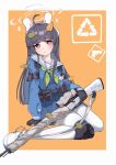  1girl absurdres ahoge animal_ears arrow_(symbol) black_gloves black_hair blue_archive blue_serafuku blue_shirt blue_skirt bolt_action bright_pupils fake_animal_ears gloves green_neckerchief gun halo highres holding holding_gun holding_weapon knee_pads leaf long_hair long_sleeves looking_at_viewer miyu_(blue_archive) mosin-nagant neckerchief pantyhose parted_lips pouch recycling_symbol red_eyes rifle sailor_collar school_uniform serafuku shirt simple_background single_knee_pad skirt sniper_rifle solo sweat weapon white_pantyhose white_pupils white_sailor_collar yueyueyue_yao 