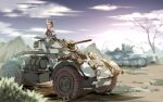  1girl absurdres bare_tree blonde_hair chinese_commentary cloud commentary_request dragon_horns full_body highres horns kicchou_yachie looking_up military_vehicle motor_vehicle outdoors pzgr.40 short_hair short_sleeves sky solo tank touhou tree wide_shot yellow_eyes 