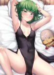  1girl armpits arms_up artist_name bare_arms bare_shoulders bed_sheet black_dress blush breasts character_doll closed_mouth covered_navel dress green_eyes green_hair highres kimoshi knee_up legs lying no_panties on_back one-punch_man pillow saitama_(one-punch_man) small_breasts solo spread_legs tatsumaki 