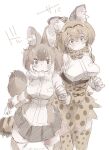  2girls animal_ears bare_shoulders black_hair blonde_hair blush bow bowtie brown_hair dhole_(kemono_friends) dog_ears dog_girl dog_tail elbow_gloves extra_ears gloves kemono_friends kemono_friends_3 looking_at_viewer multicolored_hair multiple_girls nyororiso_(muyaa) open_mouth print_bow print_bowtie serval_(kemono_friends) serval_print shirt short_hair skirt sleeveless sleeveless_shirt tail thighhighs two-tone_hair white_hair 