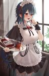 1girl absurdres alternate_costume apron bianca_(black_survival) black_survival blood blood_bag blood_on_clothes blood_on_face blue_hair breasts cowboy_shot cup drinking_glass enmaided highres long_hair maid maid_apron maid_headdress medium_breasts red_eyes solo takealook thighhighs tray zettai_ryouiki 
