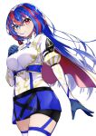  1girl alear_(female)_(fire_emblem) alear_(fire_emblem) bike_shorts_under_skirt blue_eyes blue_gloves blue_hair blue_skirt cape crossed_bangs fire_emblem fire_emblem_engage gloves hair_between_eyes heterochromia highres long_hair looking_at_viewer multicolored_hair red_eyes red_hair rindoriko shorts skirt solo thighhighs two-tone_hair white_background white_thighhighs 