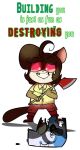  2015 anthro axe bottomwear brown_hair chokovit_(artist) clothing colored digital_drawing_(artwork) digital_media_(artwork) female furry_focus grin hair holding_axe machine mammal red_sclera robot robot_gore rodent shirt shorts simple_background smile solo species_request topwear white_background white_eyes 