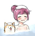  1girl bathing blush bocchi_the_rock! closed_eyes dog hair_bun hiroi_kikuri jimihen nude partially_submerged purple_hair single_hair_bun smile tongue tongue_out torako_(toramaru) towel towel_on_head wet white_background 