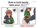  &lt;3 ambiguous_gender anthro belt blush bottomless canid canine canis clothed clothing duo eclair_(spicymancer) exclamation_point eyewear female fingering glasses hand_holding hi_res human larger_anthro mammal mostly_offscreen_character partially_clothed size_difference smaller_female smaller_human spicymancer text vaginal vaginal_fingering were werecanid werecanine werewolf wolf 