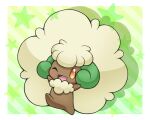  ;d aoyagi_nira blush border commentary_request green_background happy highres looking_at_viewer no_humans one_eye_closed open_mouth pokemon pokemon_(creature) smile solo star_(symbol) striped striped_background tongue whimsicott white_border 