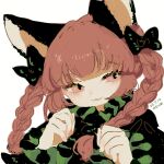  1girl :3 animal_ear_fluff animal_ears black_bow bow braid canariadraw cat_ears closed_mouth commentary dated dress frills green_dress hair_bow hands_up highres juliet_sleeves kaenbyou_rin light_blush long_hair long_sleeves looking_to_the_side paw_pose pink_eyes puffy_sleeves red_hair sidelocks simple_background solo touhou translation_request twin_braids upper_body white_background 