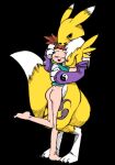  bandai_namco barefoot breasts butt clothed clothing digimon digimon_(species) duo feet female female/female hair hi_res human mammal nipples no_underwear orange_hair renamon rika_nonaka simple_background unknown_artist young 
