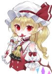  1girl aorin_oekaki ascot blonde_hair blood blood_on_hands fang flandre_scarlet hat hat_ribbon highres licking_blood mob_cap one_side_up pointy_ears red_eyes red_vest ribbon side_ponytail skin_fang tongue touhou vest white_headwear wings wrist_cuffs yellow_ascot 