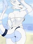  absurd_res anthro beach butt clothing dragon fabingfy female gris_swimsuit hi_res meme meme_clothing one-piece_swimsuit scales seaside solo swimwear translucent translucent_clothing translucent_swimwear white_body white_scales 