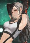  1girl arm_guards armpits arms_up black_gloves black_hair black_sports_bra breasts building commentary crop_top earrings elbow_gloves eyelashes fadingz final_fantasy final_fantasy_vii final_fantasy_vii_remake gloves hair_behind_ear highres jewelry large_breasts light_particles lips long_hair looking_at_viewer low-tied_long_hair midriff navel outdoors parted_lips pixiv_username red_eyes revision signature single_earring solo sports_bra stomach suspenders swept_bangs tank_top teardrop_earring tifa_lockhart upper_body white_tank_top 