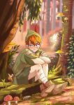  1boy 1girl artist_name boots brown_footwear brown_hair crossed_ankles crossed_arms fairy feathers fly_agaric green_eyes green_headwear green_tunic hat hat_feather highres leaf log looking_to_the_side miadresden moss mushroom outdoors peter_pan_(character) peter_pan_(disney) plant pointy_ears red_feathers short_hair sitting size_difference tinker_bell_(disney) tree watermark 