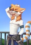  5_fingers absurd_res anthro catboy_(sunfleet) clothed clothing domestic_cat eyebrows eyewear felid feline felis fingers fur glasses hair hi_res male mammal one_eye_closed open_mouth open_smile smile solo tail topless topless_anthro topless_male 