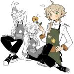  1girl 2023 ahoge apron arms_up blonde_hair blush braid closed_eyes flower green_apron green_eyes hand_on_own_hip hand_up highres holding holding_flower looking_at_viewer minamip multiple_views open_mouth original single_braid sitting stretching white_background 