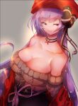  1girl aran_sweater azur_lane bare_shoulders belfast_(azur_lane) belfast_(shopping_with_the_head_maid)_(azur_lane) beret bow breasts brown_sweater cable_knit choker closed_mouth commentary_request from_above grey_hair hat hat_bow light_purple_hair long_hair looking_at_viewer off-shoulder_sweater off_shoulder official_alternate_costume red_headwear red_shawl sagging_breasts shawl solo sweater usapenpen2019 very_long_hair white_choker white_hair 